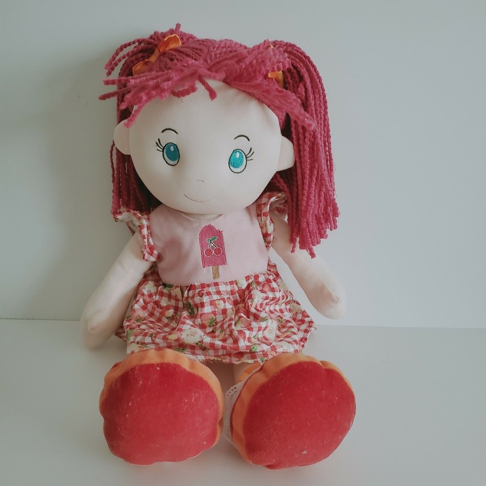 PMT Holding Soft Doll Pink Yarn Hair Pink and Red Cherries/Strawberries Dress